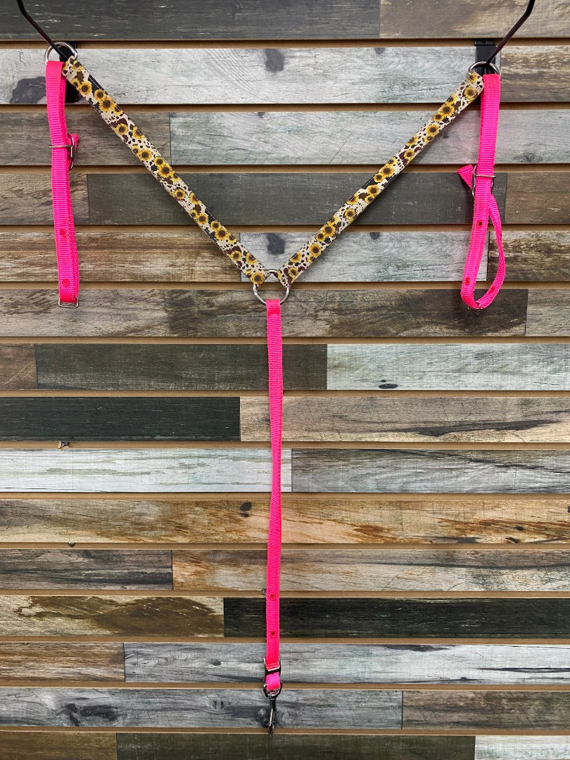 USED Hot Headstalls Custom Nylon Breastcollar – Pink, Cowhide & Sunflower