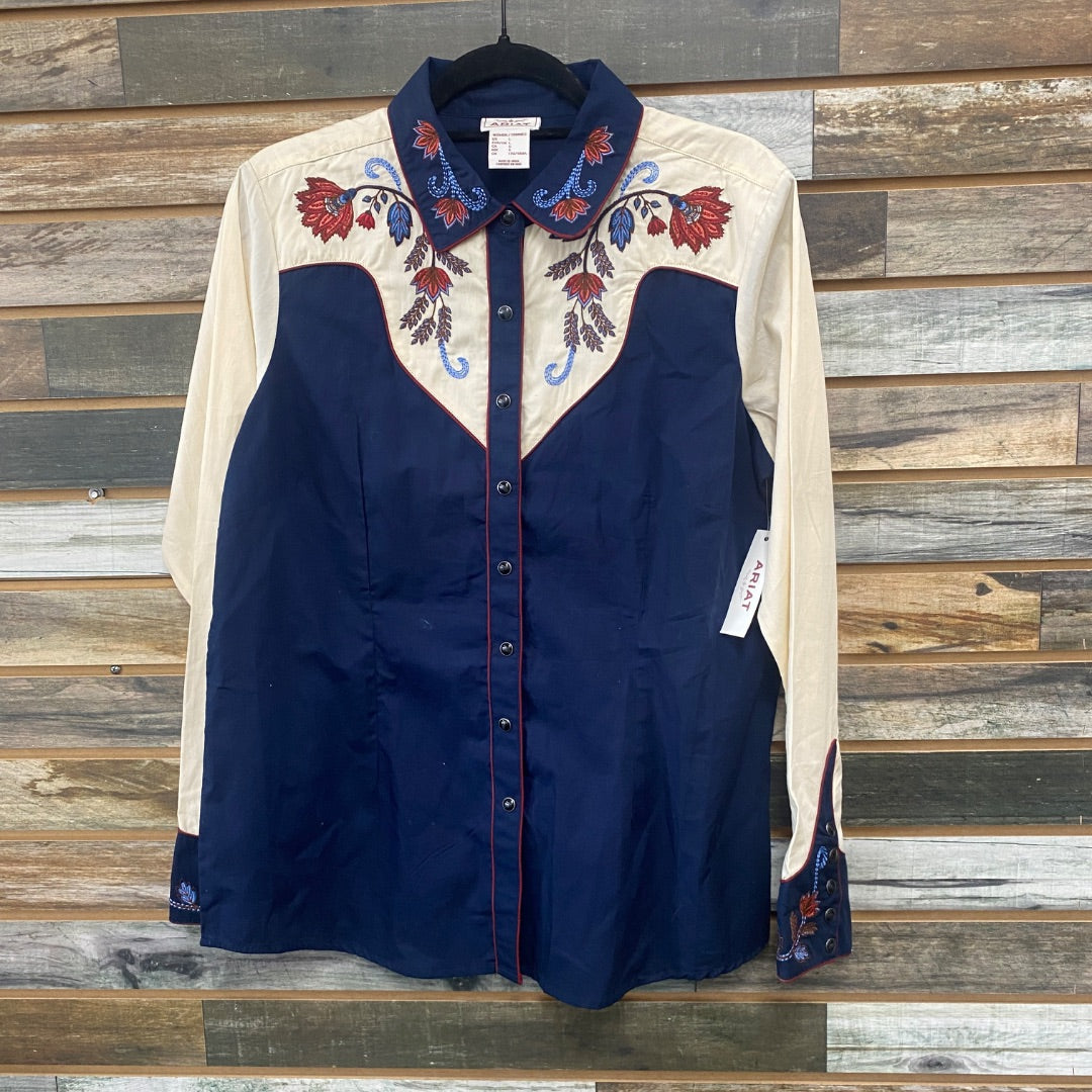 USED Ariat Ladies Western Tops Large Navy Floral