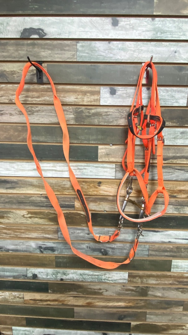 USED Orange Nylon Browband Headstall with Shank Snaffle Bit, Reins, and Tie Down