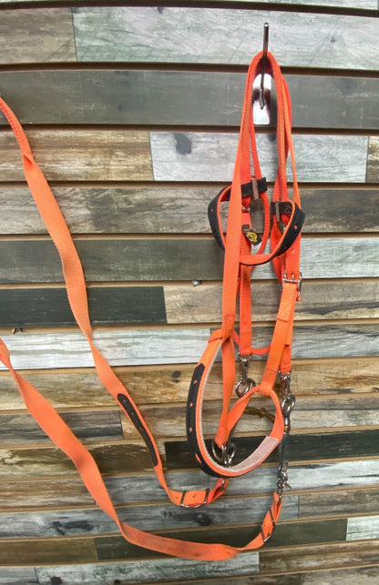 USED Orange Nylon Browband Headstall with Shank Snaffle Bit, Reins, and Tie Down