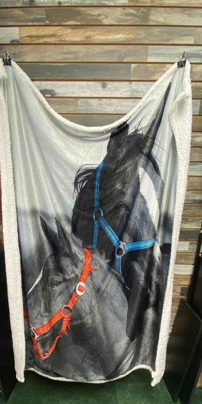 USED Fleece Bottom Blanket with Horse Face Pattern