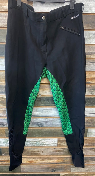 USED Buckwild Ladies full seat breeches 36 Black with Green Cactus pattern