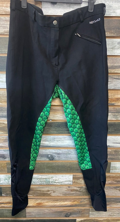 USED Buckwild Ladies full seat breeches 36 Black with Green Cactus pattern