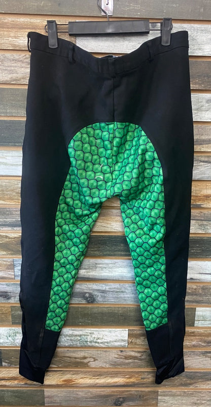 USED Buckwild Ladies full seat breeches 36 Black with Green Cactus pattern