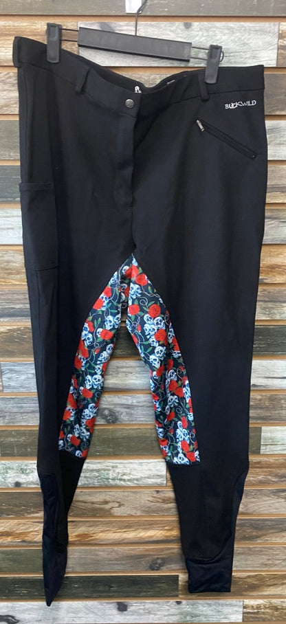 USED Buckwild Ladies full seat breeches 38 Black with Skulls and Roses