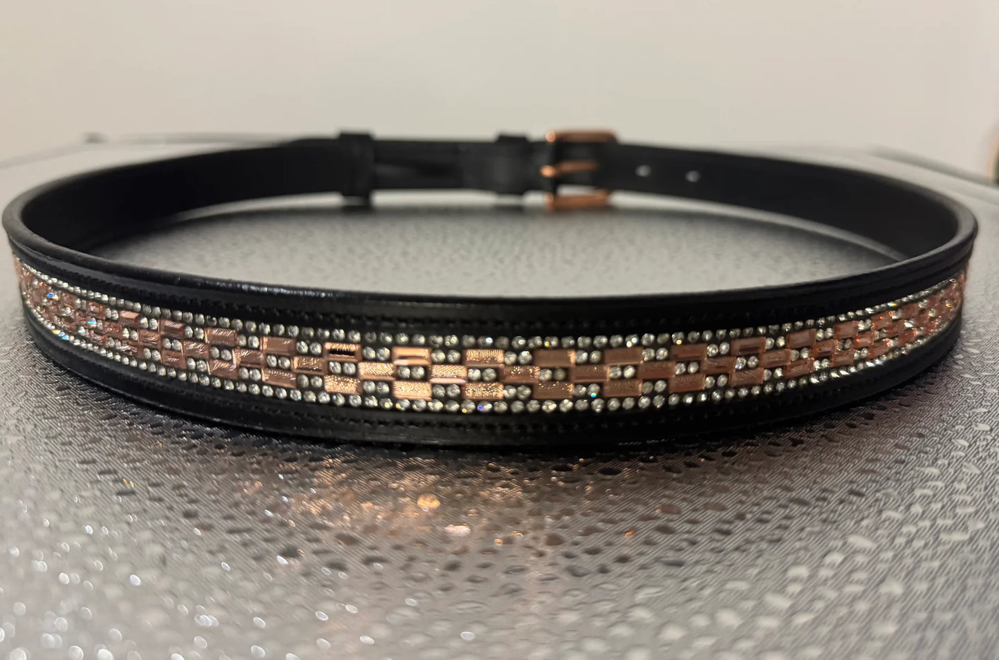 Bridleberry Women's Brown Leather Belt w/Peach Rectangle Crystal Design