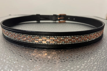 Bridleberry Women's Brown Leather Belt w/Peach Rectangle Crystal Design