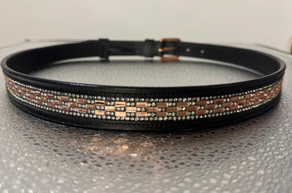 Bridleberry Women's Brown Leather Belt w/Peach Rectangle Crystal Design