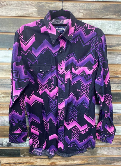 USED Wrangler Ladies Western Long Sleeve Button up Tops XL Purple/Black