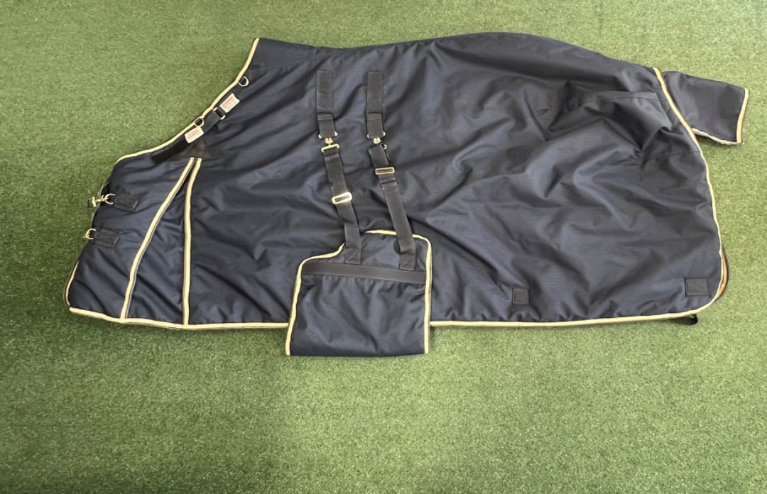 USED Schneiders Turnout Blanket 78” Navy/Tan