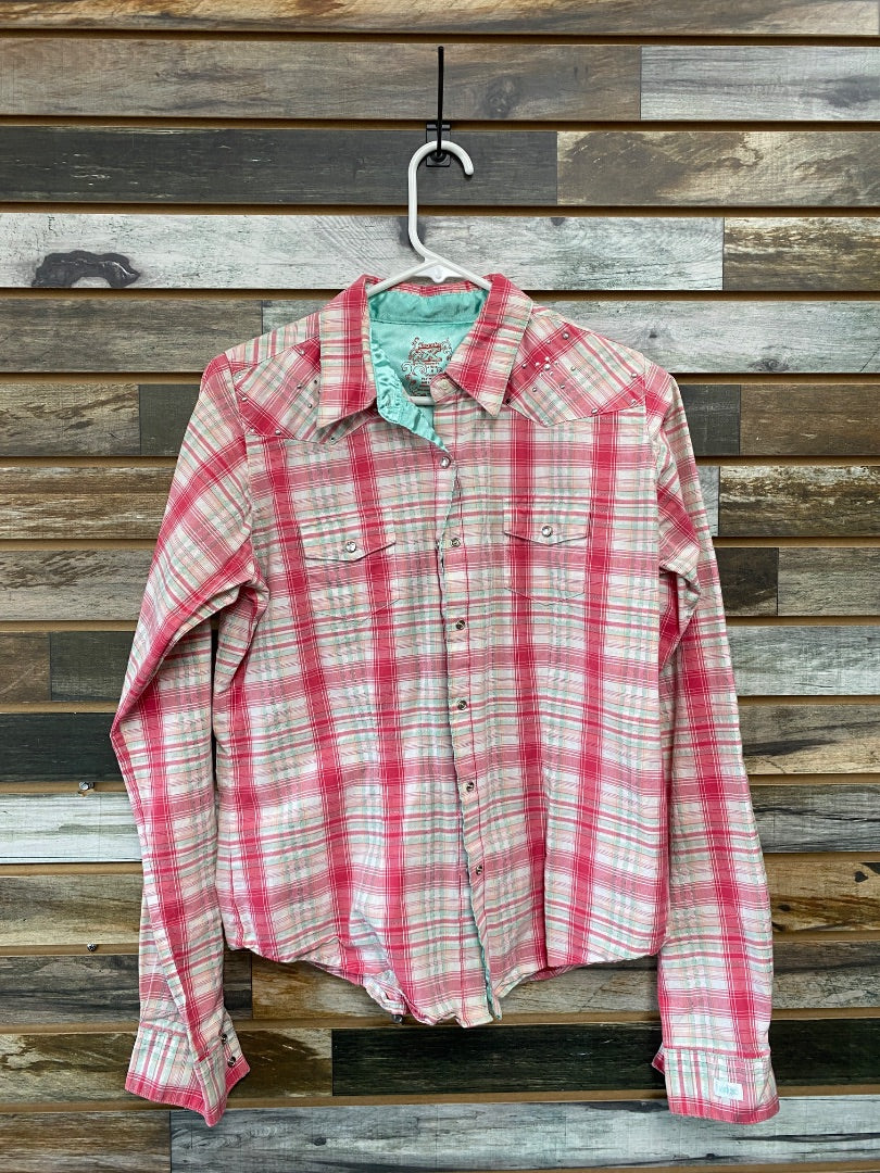 USED Twenty X Youth Western Shirts Medium Pink/Green/Yellow/White Plaid