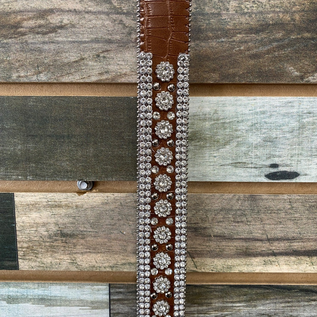 USED Bedazzled Ladies Western Belts Medium Brown/Crystals