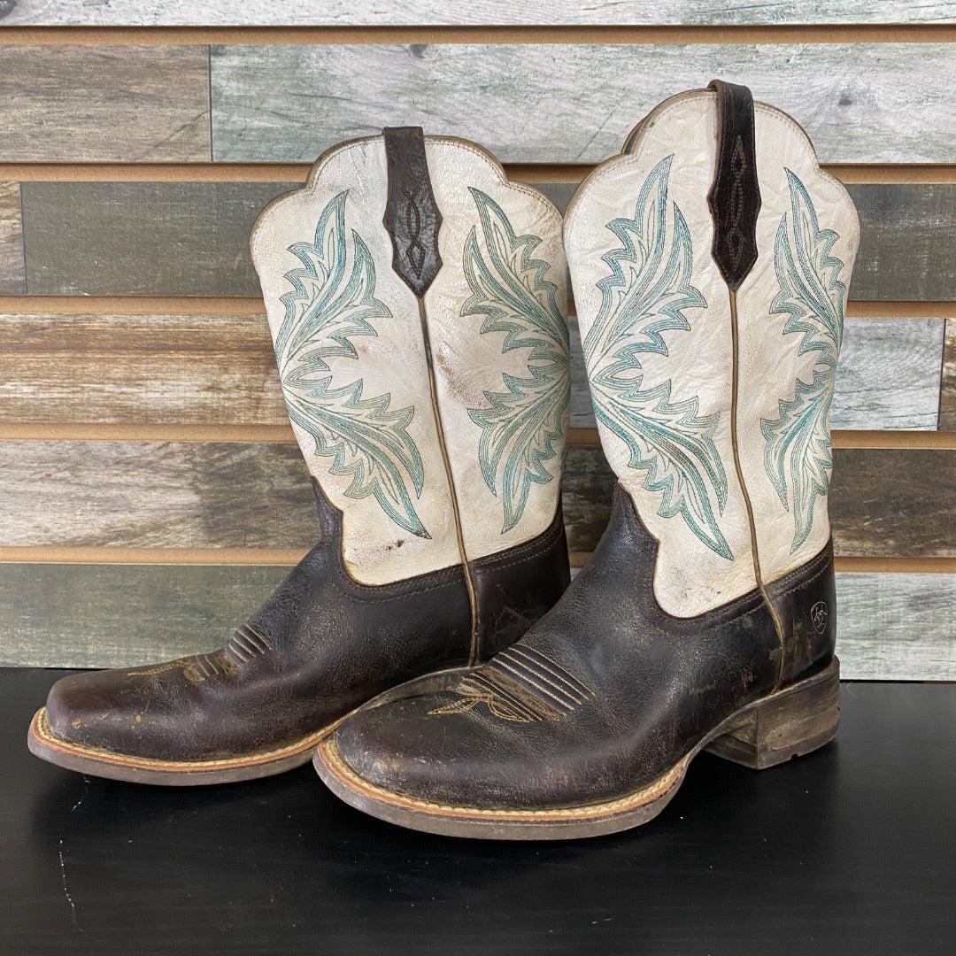 USED Ariat Ladies Western Boots West Bound 8B White/Teal
