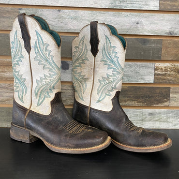 USED Ariat Ladies Western Boots West Bound 8B White/Teal