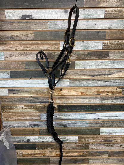 USED  Leather Halter with Black Lead Rope Horse Brown