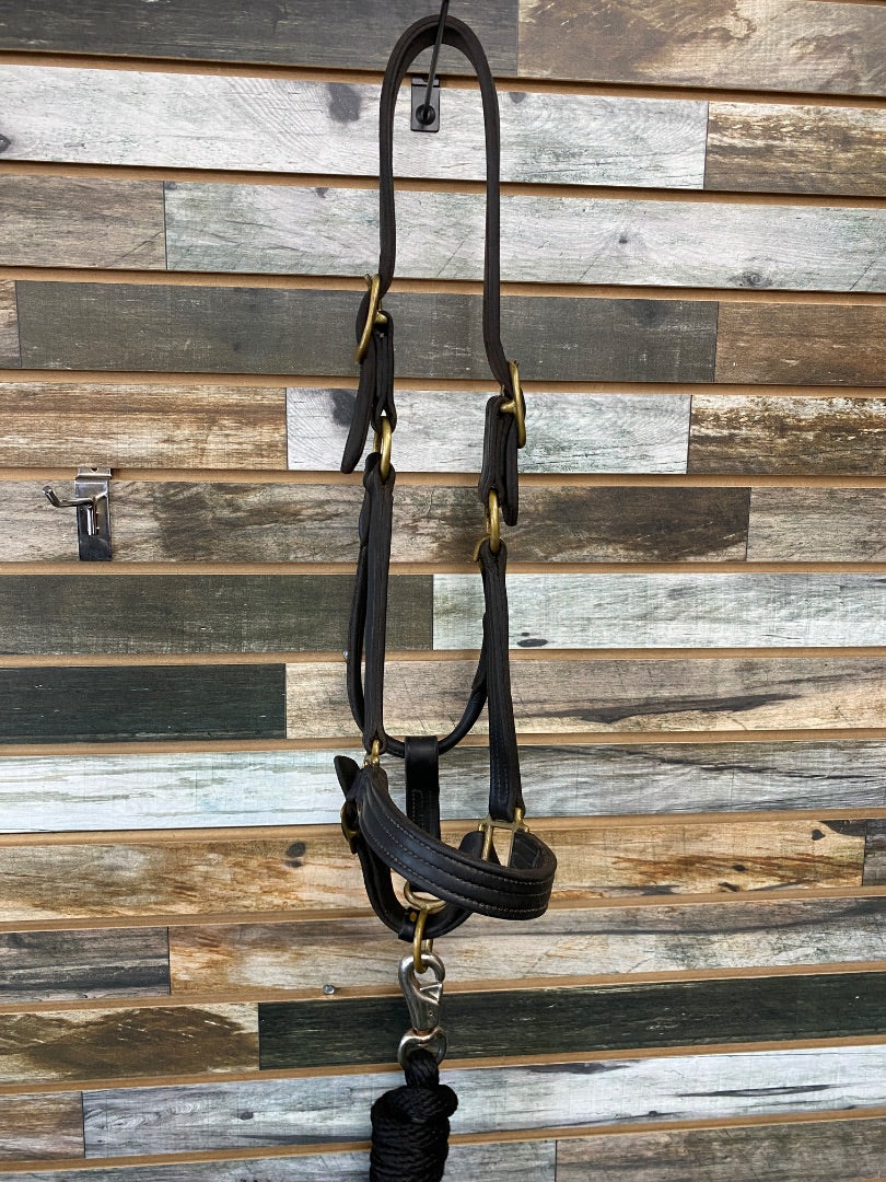 USED  Leather Halter with Black Lead Rope Horse Brown