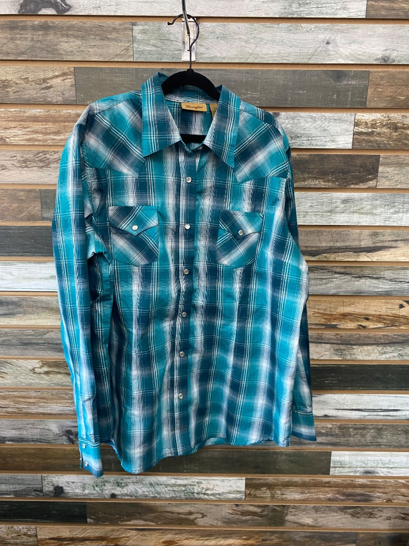 USED Wrangler Ladies Button Down Top Large Blue Plaid