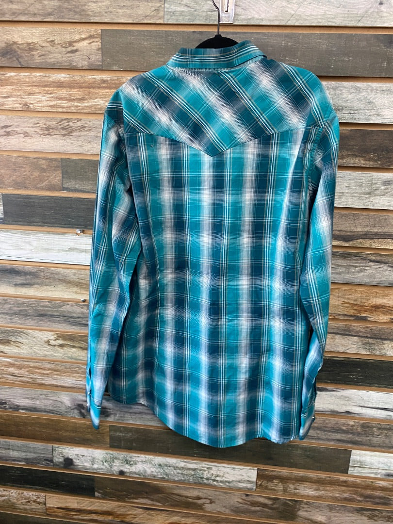 USED Wrangler Ladies Button Down Top Large Blue Plaid