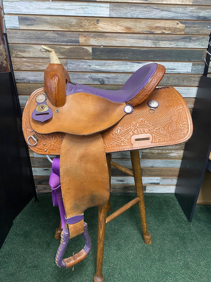 USED Circle A 15" Barrel Saddle | Light Oil & Purple Ostrich Leather