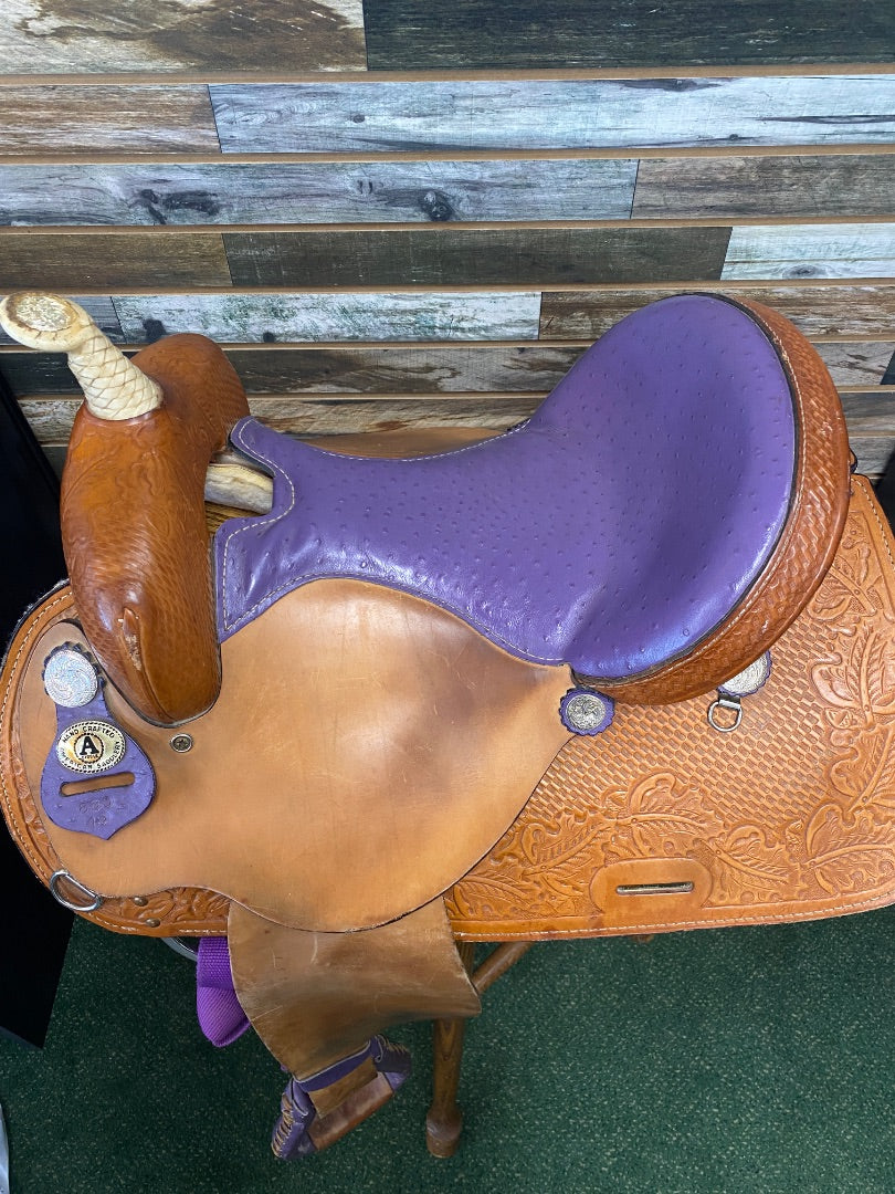USED Circle A 15" Barrel Saddle | Light Oil & Purple Ostrich Leather