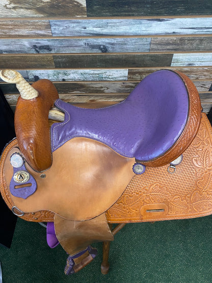 USED Circle A 15" Barrel Saddle | Light Oil & Purple Ostrich Leather