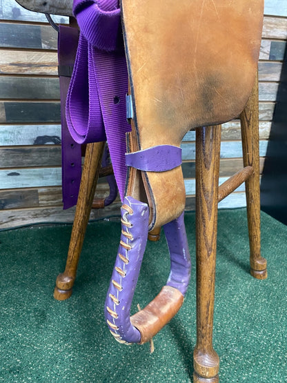 USED Circle A 15" Barrel Saddle | Light Oil & Purple Ostrich Leather