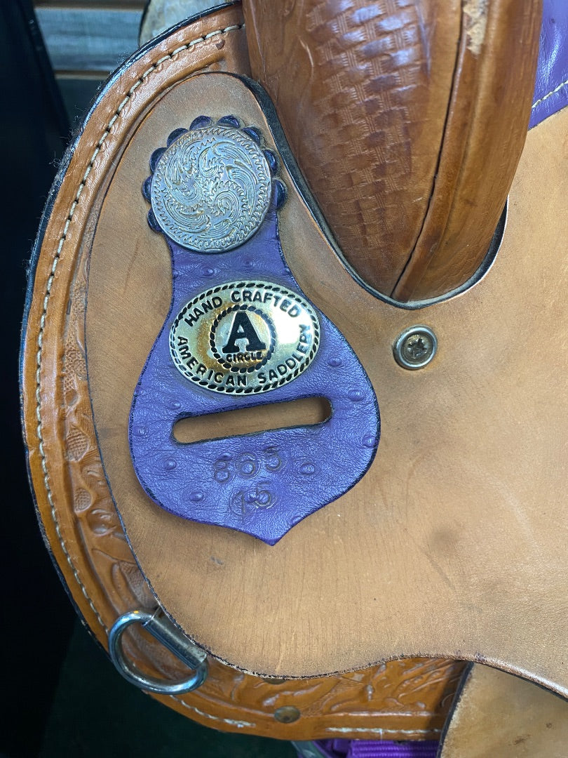 USED Circle A 15" Barrel Saddle | Light Oil & Purple Ostrich Leather