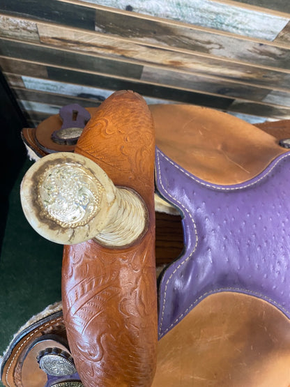 USED Circle A 15" Barrel Saddle | Light Oil & Purple Ostrich Leather