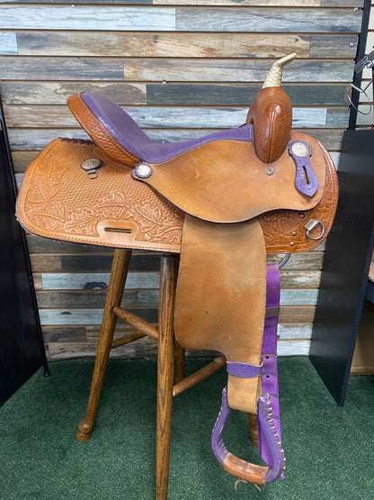 USED Circle A 15" Barrel Saddle | Light Oil & Purple Ostrich Leather