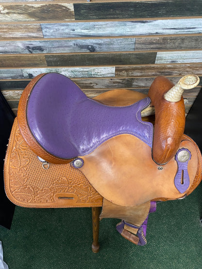 USED Circle A 15" Barrel Saddle | Light Oil & Purple Ostrich Leather