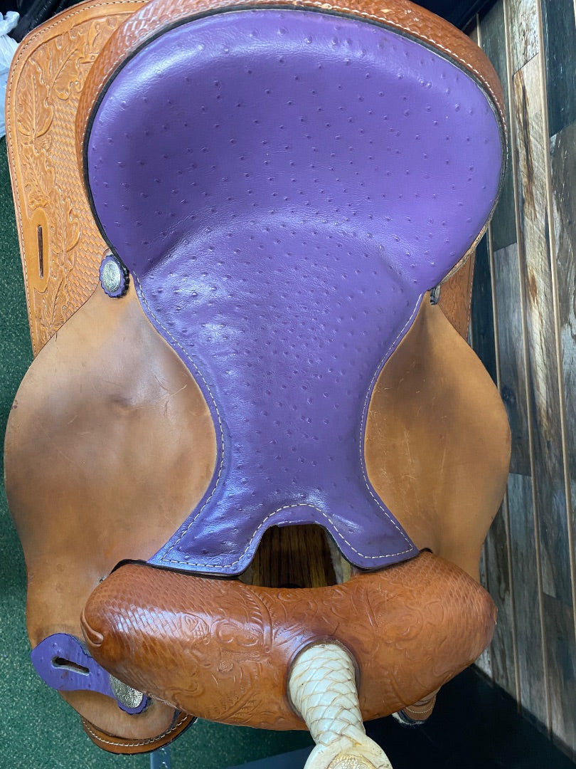 USED Circle A 15" Barrel Saddle | Light Oil & Purple Ostrich Leather