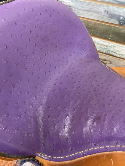 USED Circle A 15" Barrel Saddle | Light Oil & Purple Ostrich Leather