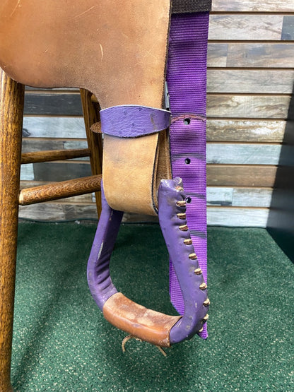 USED Circle A 15" Barrel Saddle | Light Oil & Purple Ostrich Leather