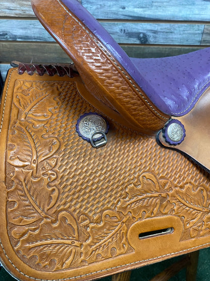 USED Circle A 15" Barrel Saddle | Light Oil & Purple Ostrich Leather