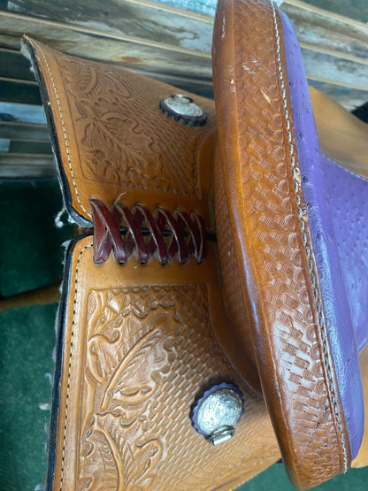 USED Circle A 15" Barrel Saddle | Light Oil & Purple Ostrich Leather