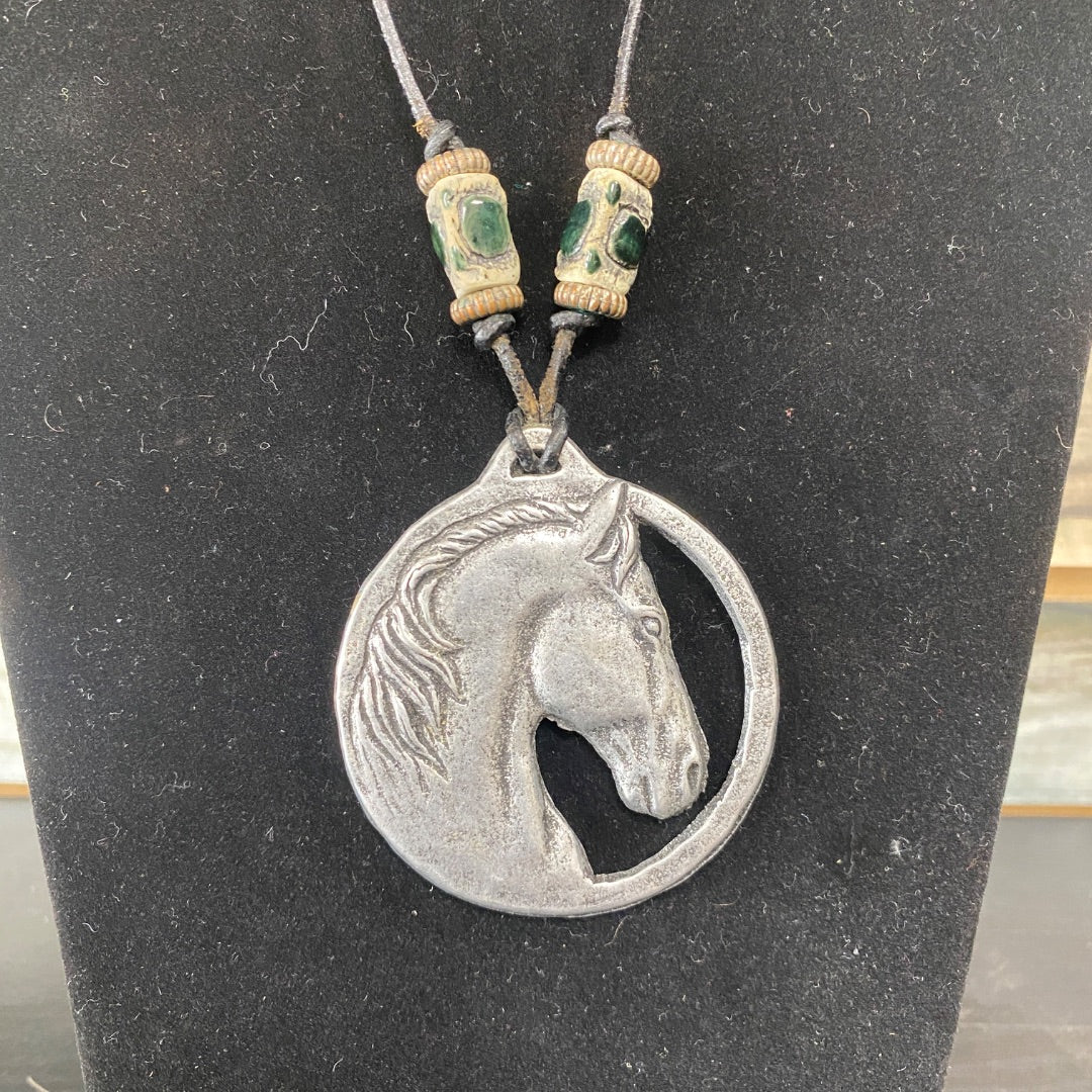 USED  Large Horse HEad Pendant with Black Necklace  Silver/Black