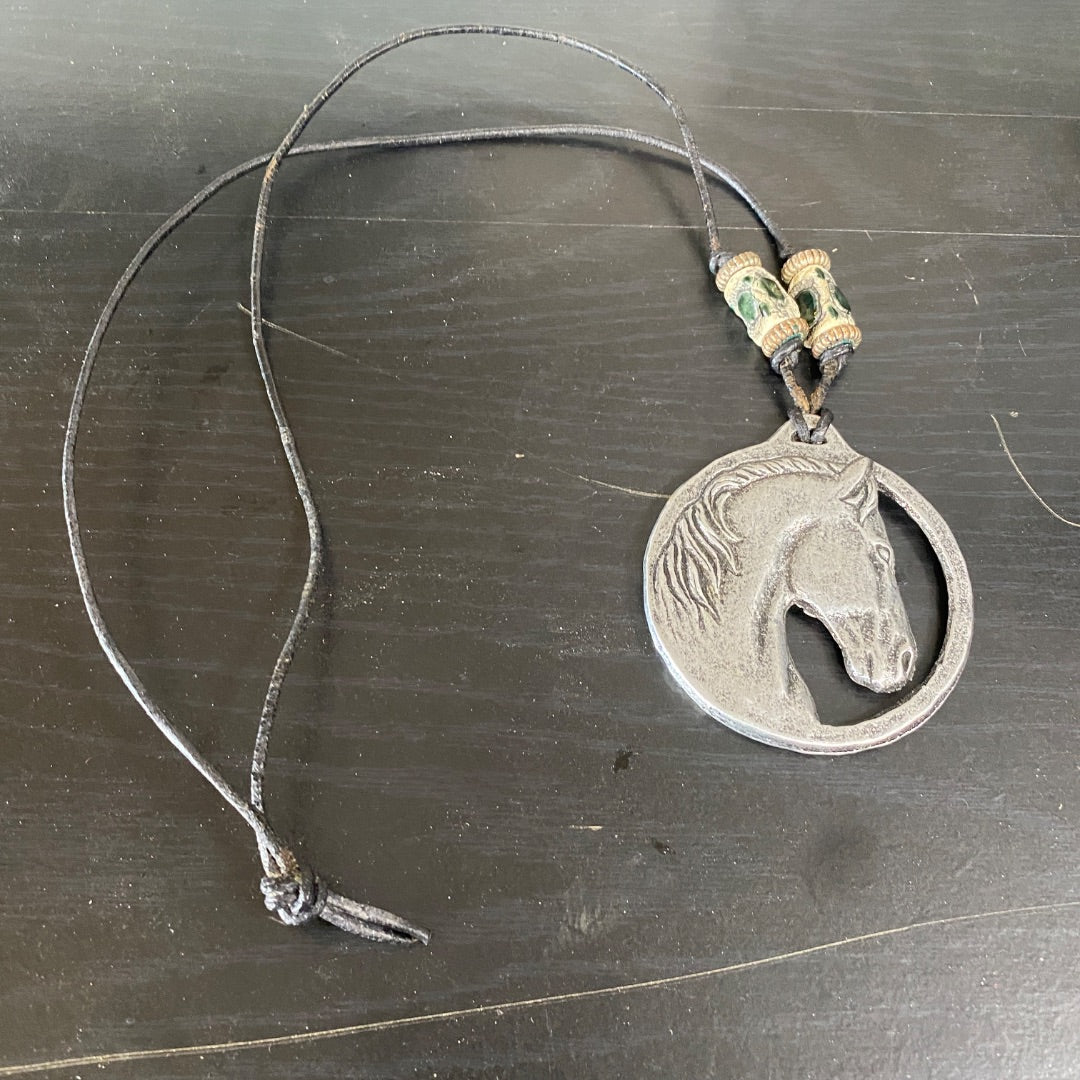 USED  Large Horse HEad Pendant with Black Necklace  Silver/Black