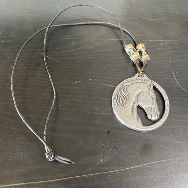 USED  Large Horse HEad Pendant with Black Necklace  Silver/Black