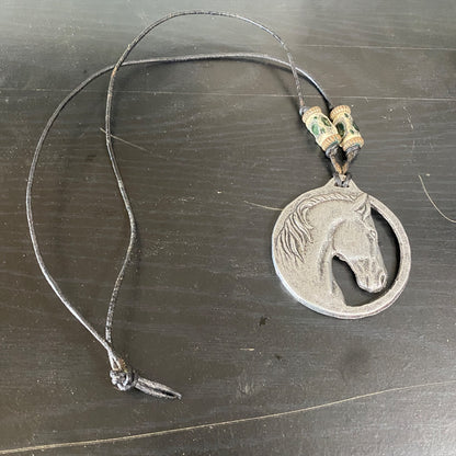 USED  Large Horse HEad Pendant with Black Necklace  Silver/Black