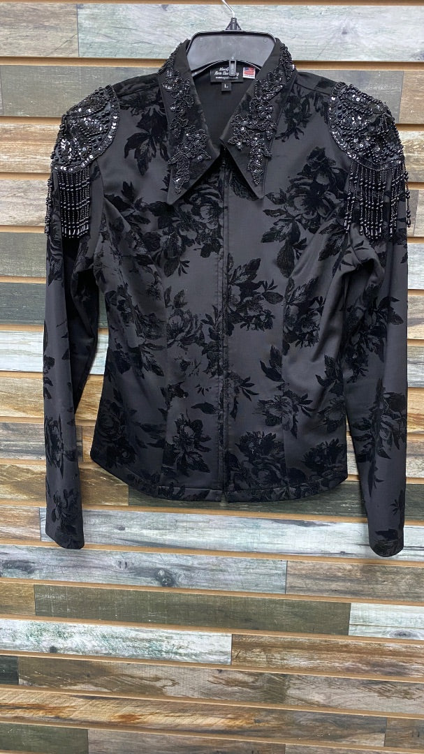 USED Wanna Goslow Horse Show Clothing Floral Beaded Show Shirt Large Black