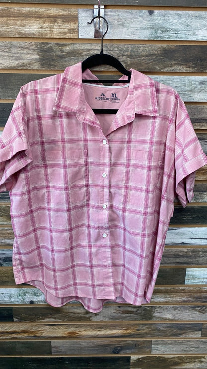 USED Ridgecut Toughwear Pink Plaid Short Sleeved Button Down Top XL Pink Plaid
