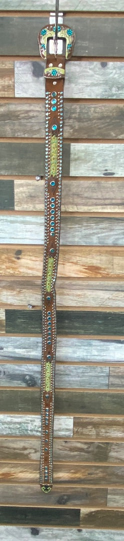 USED Golden Horseshoe Equestrian Ladies Leather Western Belt XL Brown, Lime Green, Blue