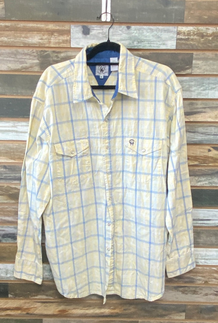 USED Cowboy Hardware Ladies Western Long Sleeve Shirt XL Yellow/Blue Plaid
