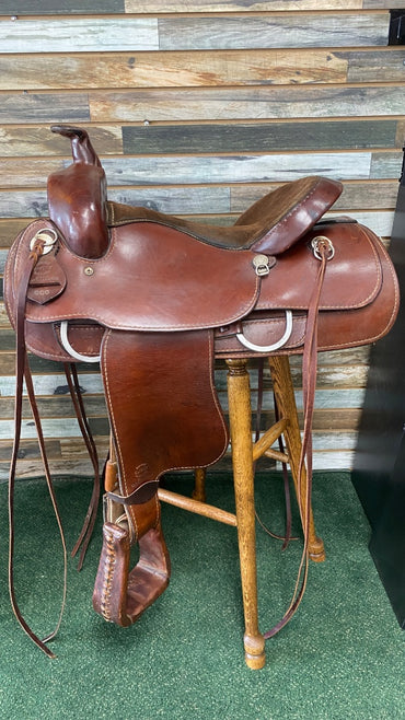 USED Guffey Western Leather Saddle Rough Out Seat 7" Gullet, 16" seat Medium Oil