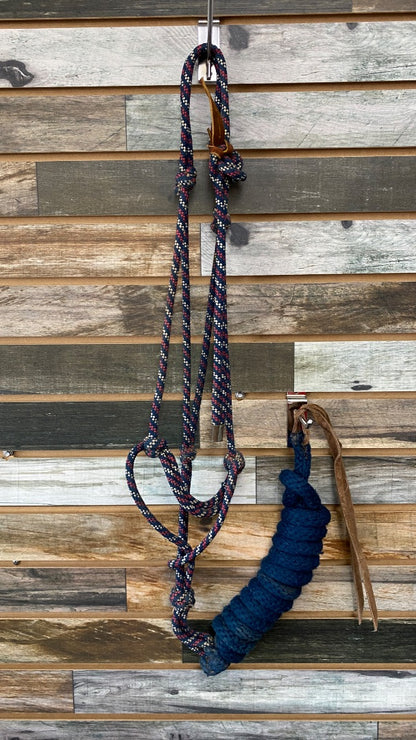 USED Golden Horseshoe Equestrian Rope Halter with Lead Rope Horse Navy/White/Pink with Navy Lead Rope