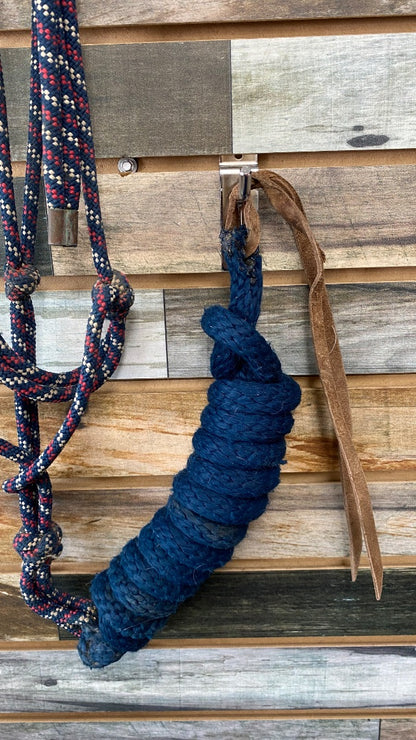 USED Golden Horseshoe Equestrian Rope Halter with Lead Rope Horse Navy/White/Pink with Navy Lead Rope