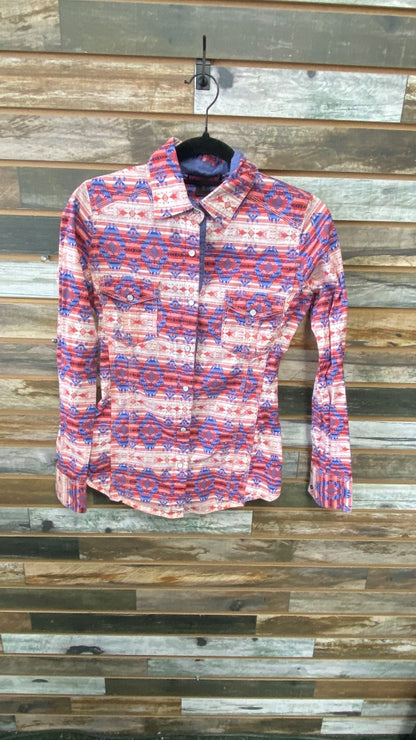 USED Rock and Roll Cowgirl Ladies Western Tops Small Red/Blue/White