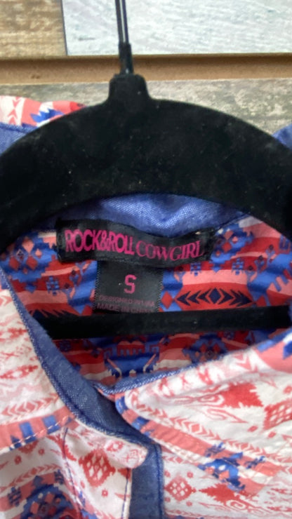 USED Rock and Roll Cowgirl Ladies Western Tops Small Red/Blue/White