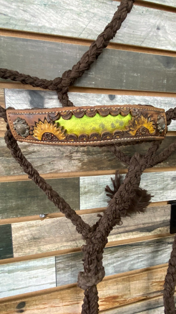 USED  Brown Rope Halter with lead and Sunflower noseband Horse Brown