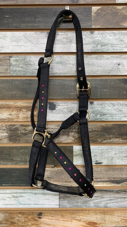 USED Black Nylon Halter with Pink & Green Gems (H)